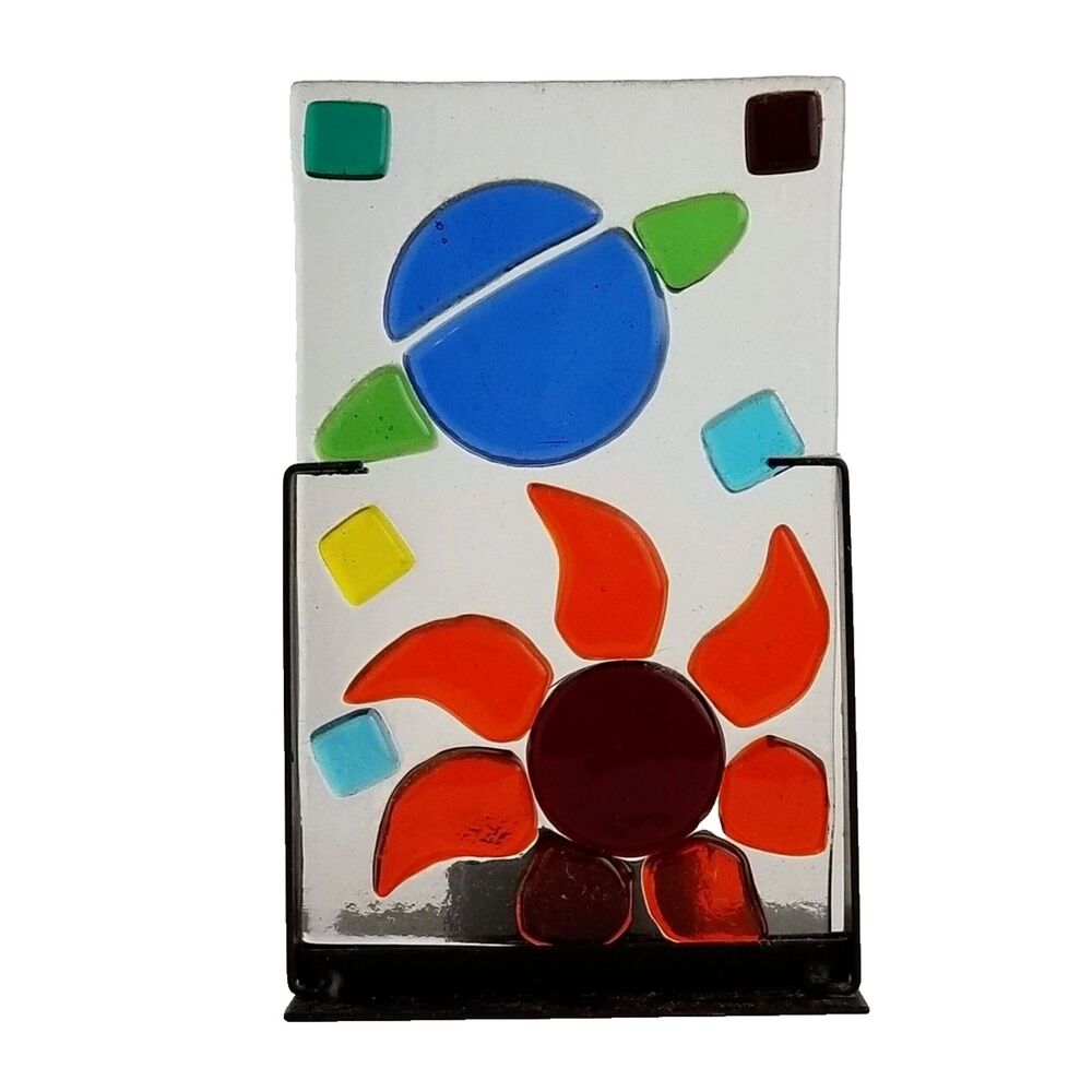 Fused Glass Tea Light Candle Holder with Metal Base and Tea Light Candle-Vintage